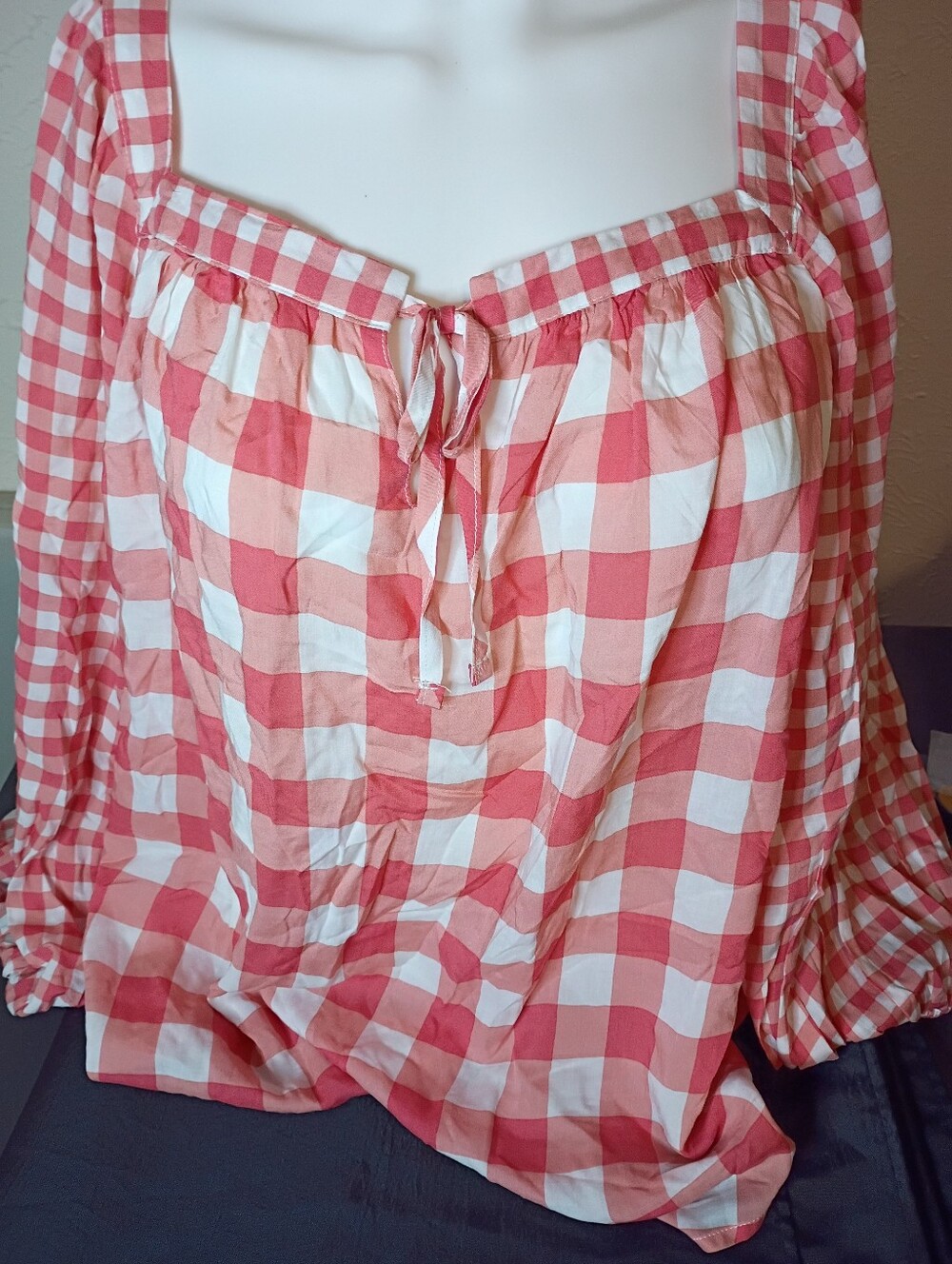 Cato Pink and White Gingham Tie-Front Peasant Blouse